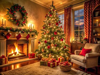 Cozy living room scene at Christmas time with a majestic tree adorned with ornaments, stockings hung by the crackling fireplace, and warm golden lighting.