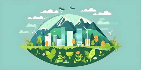 Flat design cartoon drawing of sustainable travel with tetradic color scheme. Concept Flat Design, Cartoon Drawing, Sustainable Travel, Tetradic Color Scheme