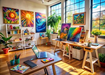 Vibrant art studio filled with colorful paintings and eclectic decor, state-of-the-art computer and digital drawing tablet, inspiring creativity and digital artistry.