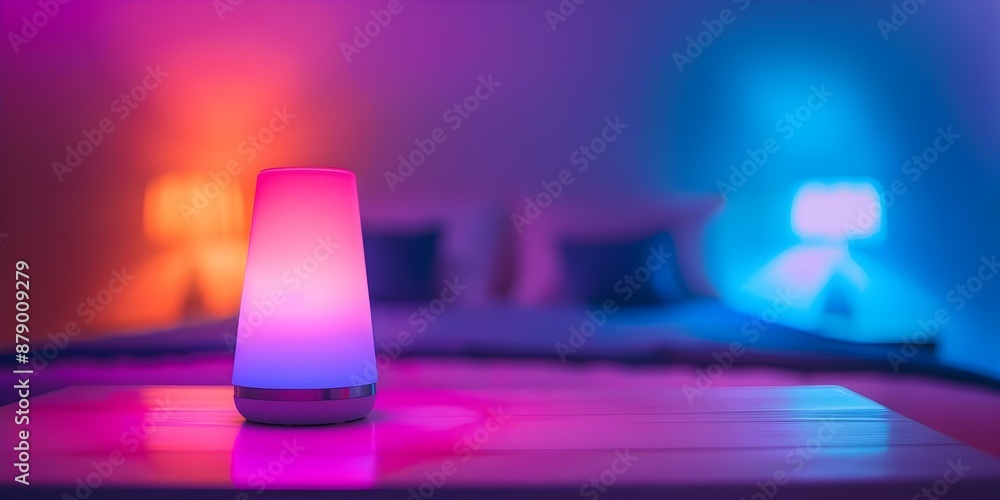 Poster remotely control smart lamp color with hue app on smartphone using wifi. concept smart lighting, hue