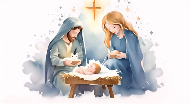 A Nativity scene with the holy family. Watercolor video postcard.