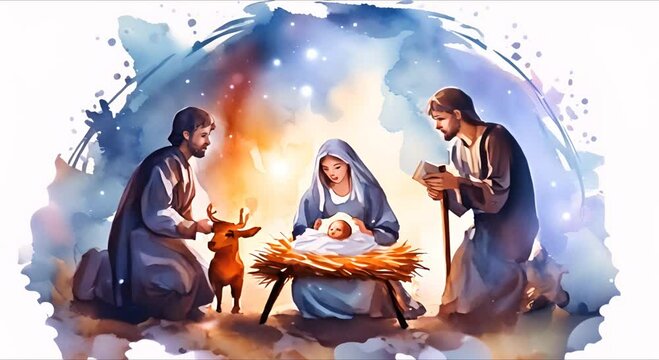 The Nativity scene with the holy family. Watercolor Christmas video postcard. Christmas.