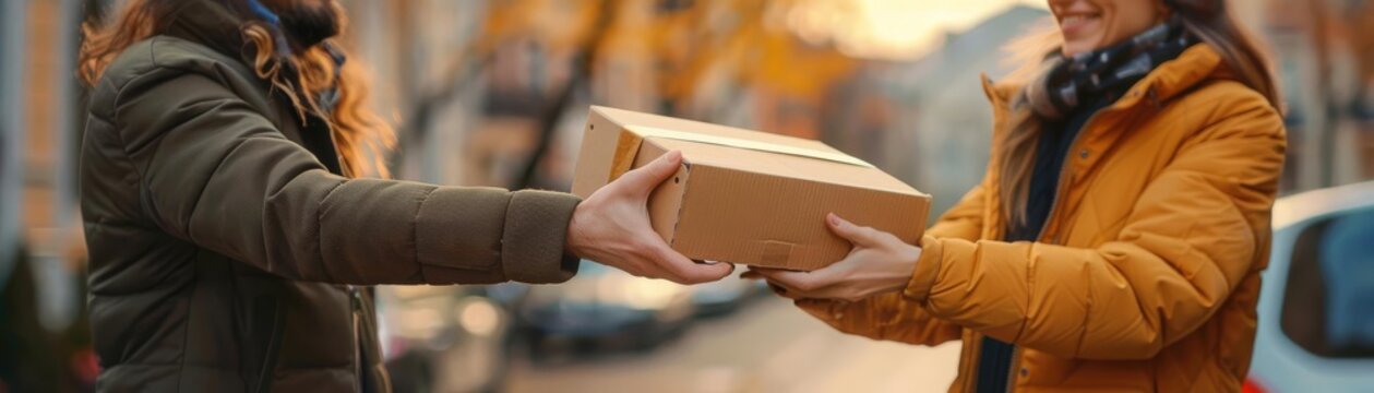 Two people exchanging a cardboard package