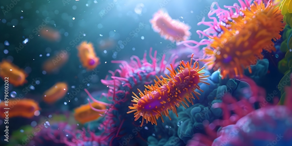 Poster visualizing a probiotic bacteria colony within the human gut microbiome through 3d animation. concep