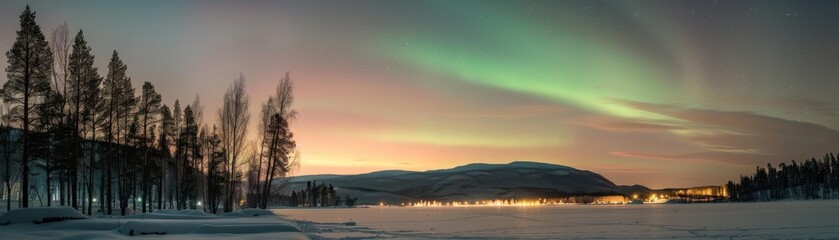 Fototapeta premium Beautiful panoramic view of the Northern Lights over a snow-covered landscape with trees and distant mountains during winter evening.