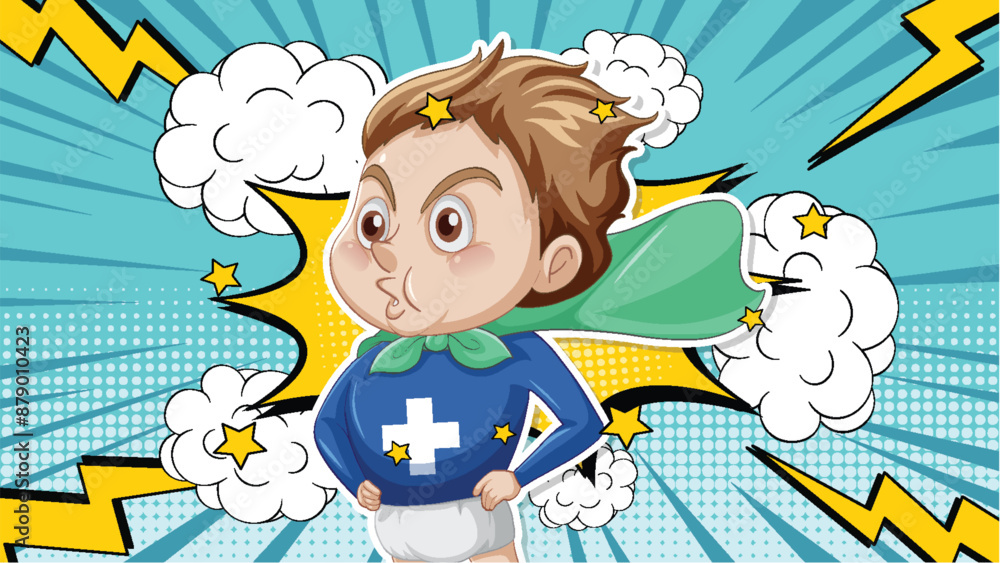 Wall mural Baby superhero with cape and comic effects