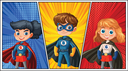 Three superheroes posing with colorful backgrounds © blueringmedia