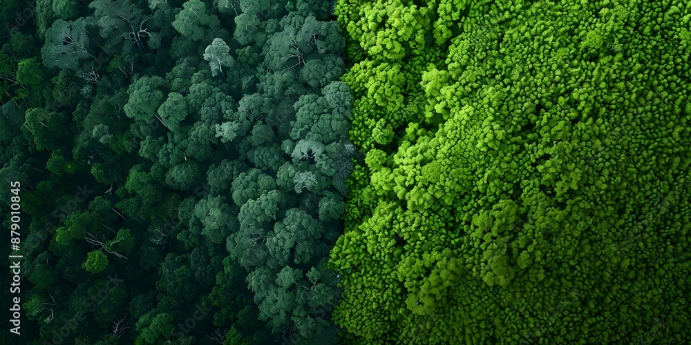 Poster aerial split image showing deforestation issue with logging in rainforest. concept deforestation, ra