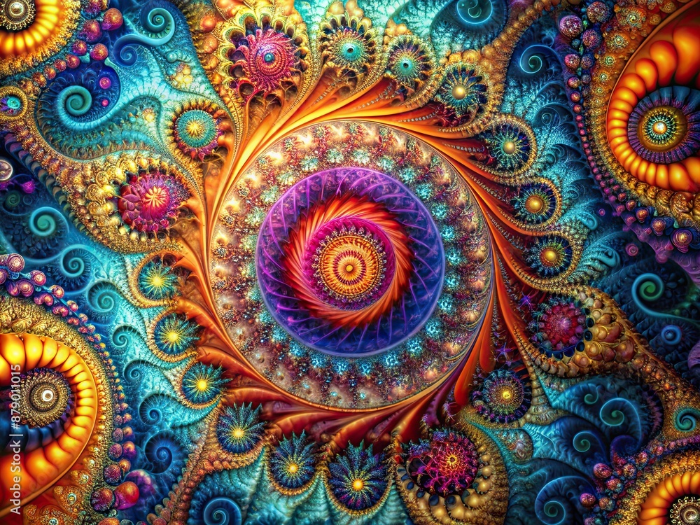 Poster vibrant abstract fractal art featuring intricate geometric patterns, swirling shapes, and mesmerizin