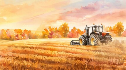 Watercolor illustration of a tractor plowing fields on an autumn farmland with vibrant fall foliage in the background, depicting a hardworking scene.
