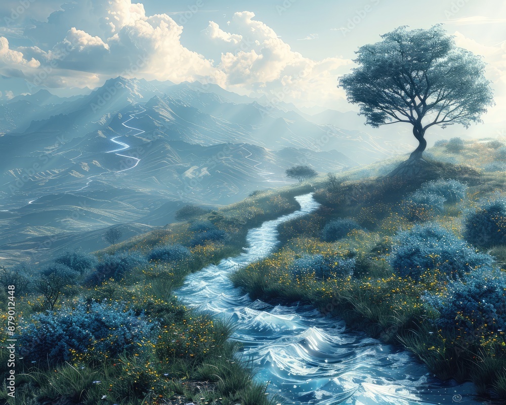 Aufkleber a peaceful landscape merging with brain wave patterns, highlighting the connection between sleep and