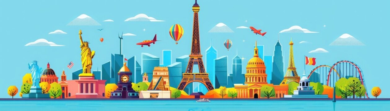 Eiffel Tower behind theme park attractions, various statues, flat design illustration