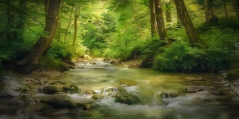 Tranquil woodland stream in digital painting style perfect for promoting ecotourism. Concept Nature, Water, Digital Art, Tranquility, Ecotourism