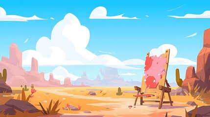 Texas desert landscape, easel and canvas setup, flat design illustration