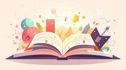Open book with flowing ideas and icons, flat design illustration