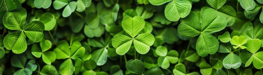 Close-up shot of lush green clovers, symbolizing luck and nature's beauty. Ideal for backgrounds, nature themes, and St. Patrick's Day content.