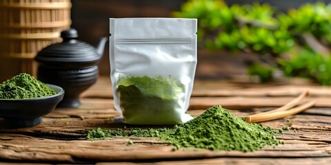 Blue matcha powder in white bag on table next to wooden object. Concept Food Photography, Color Contrast, Food Styling, Ingredient Shot
