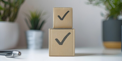 A collection of brown cardboard boxes, check mark symbol