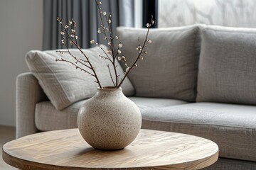 Minimalist modern living room: close-up of ceramic vase with blossom twigs on round wooden coffee table, grey sofa, and window backdrop
