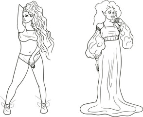 Sketch of two female characters. The ladies belong to a line of elven princesses with thick hair.