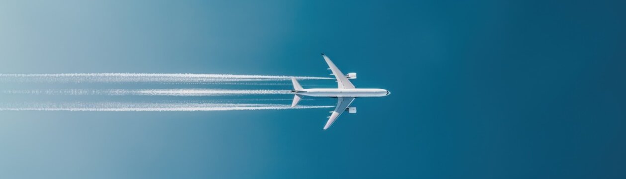 High-altitude airplane cruising through clear blue sky, leaving a contrail behind. Ideal for travel, aviation, and transportation themes.