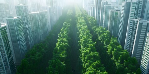 Futuristic eco city with green energy vertical gardens and clean water channels. Concept Eco-Friendly Cities, Green Energy, Vertical Gardens, Clean Water Systems
