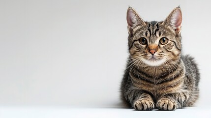 Obraz premium The studio portrait shows a seated, forward-facing tabby cat looking forward against a light background.
