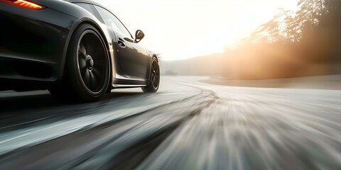 Sports car speeds along winding road. Concept Automotive, Speed, Adventure, Roadtrip, Thrilling
