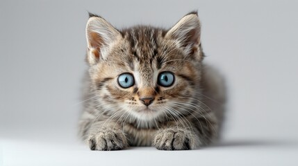 Adorable fluffy gray kitten with big green eyes on white surface Smiling pet with room for text