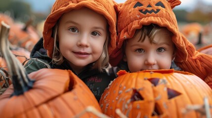 Pumpkin patch visit with kids in Halloween outfits, Halloween holiday festivity outfit, autumnal festivity