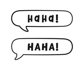 Haha laughing speech bubble sound effect different doodles collection. Cute black text lettering outline line art set vector illustration.