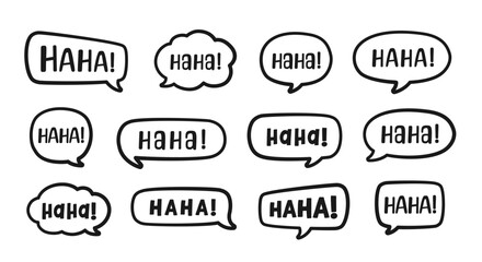 Fototapeta premium Haha laughing speech bubble sound effect different doodles collection. Cute black text lettering outline line art set vector illustration.