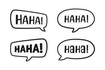 Haha laughing speech bubble sound effect different doodles collection. Cute black text lettering outline line art set vector illustration.
