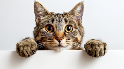 A cute tabby kitten peeking over a white surface with a curious expression on a white background.