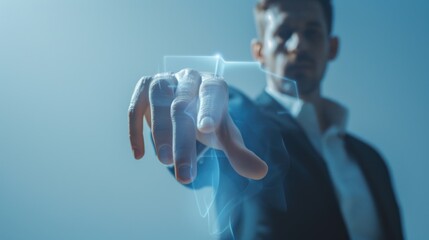 Businessman touching a glowing digital interface in a virtual reality simulation
