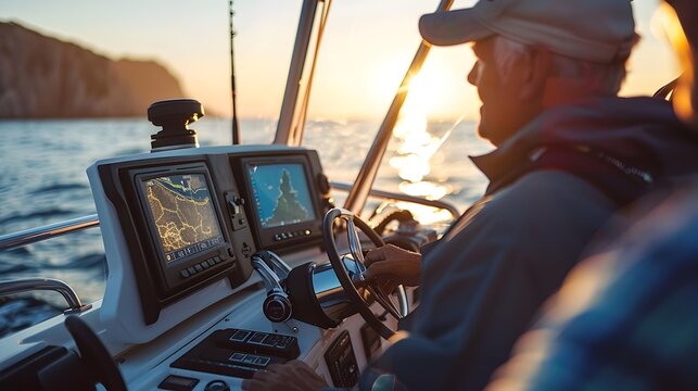 Fishermen Navigating Boat with High-Tech Fish Finder Display at Sunset