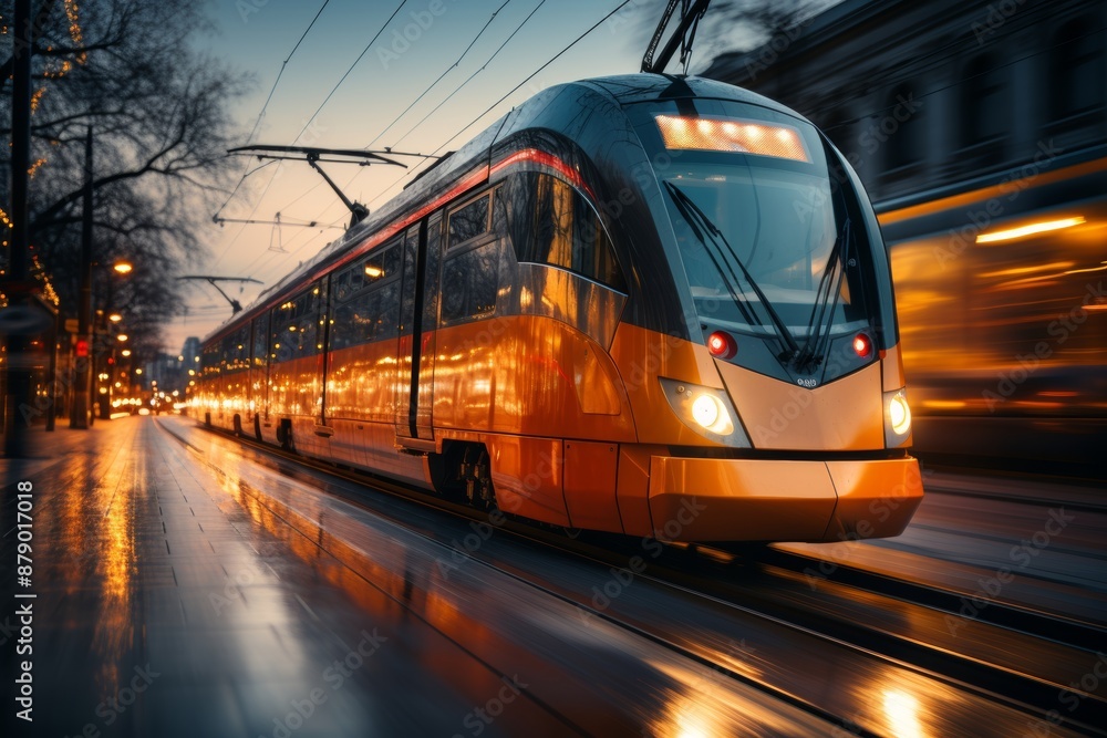 Aufkleber close up view of vibrant train rides on rails with blurred background, capturing dynamic motion