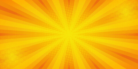 Modern yellow comic background with sun burst and dot halftone. Cartoon funny retro pattern strip mock up. Vintage backdrop for comic superhero text, speech bubble, message.	