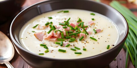 Creamy potato soup with ham chives and seasonings in a bowl. Concept Instant Pot Creamy Potato Soup with Ham, Chives, and Seasonings