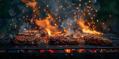 Dark background with fire flames showcasing barbecue products for display. Concept BBQ products, Fire flames, Dark background, Product display