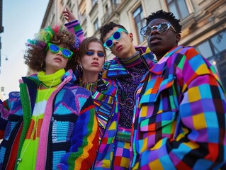 Obraz premium group of young LGBTQ teen mix gender ethnicity lively active together fun laugh smiling joyful cheerful, colorful people rainbow theme, fashionable hair style with sunglasses.