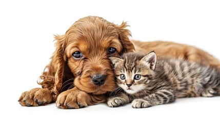 Happy Cat and Dog Isolated on White Background