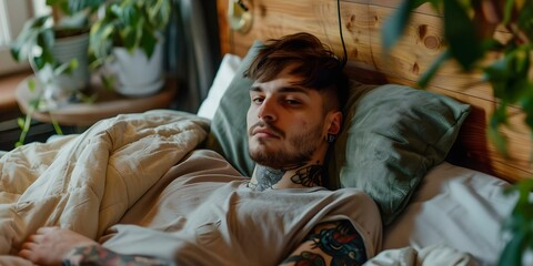 Obraz premium Sick young man resting in bed at home. Concept Sickness, Recovery, Resting at Home, Healthcare, Convalescence