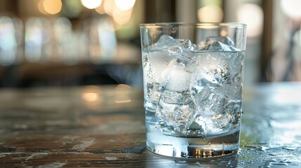 A refreshing glass of iced water provides a clear and cool drink, perfect for quenching thirst on a hot day.