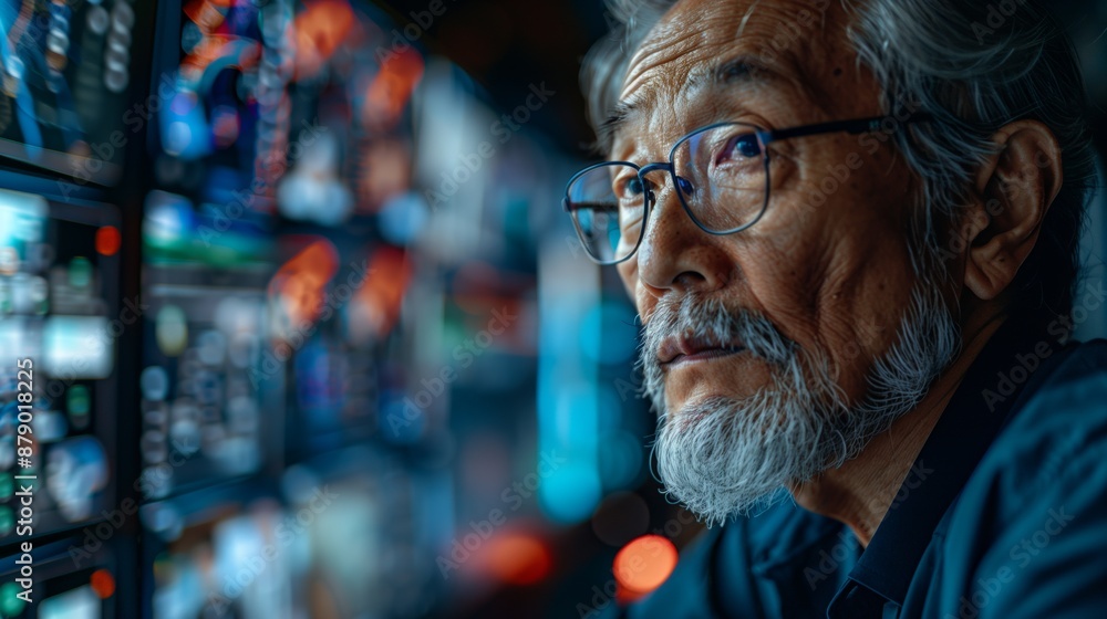 Poster elderly trader observing market data. elderly trader with glasses closely observes market data on mu