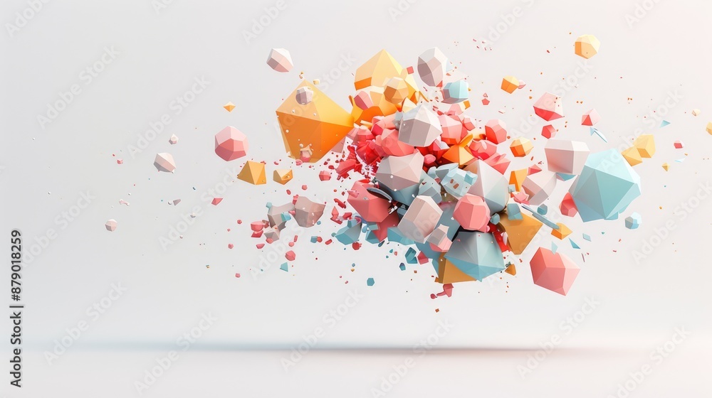 Poster abstract floating 3d polygons on white background - clean and modern design concept, generative ai