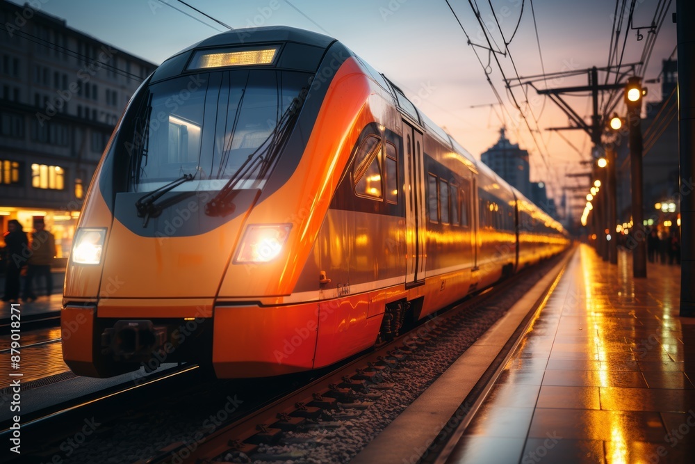Aufkleber vibrant close up of train on rails with colorful blurred background for dynamic visuals