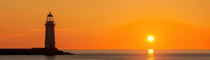 Serene seaside sunset with lighthouse silhouette casting golden reflections on calm ocean water, ideal for travel and coastal scenery themes.