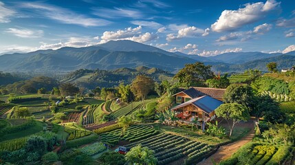 
A high view of a farm with mountains and sky in Thailand offers a serene and expansive landscape, showcasing the natural beauty and rural scenery of the region.