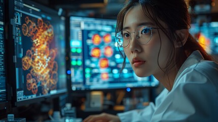 Scientist Analyzing Complex Data in Lab. Focused scientist analyzes complex data on multiple screens in a high-tech laboratory environment, showcasing precision and expertise.
